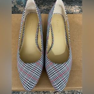 Talbots Wedge Shoe 9 1/2 W, 2 1/2  heel, black/red/white plaid design, brand new